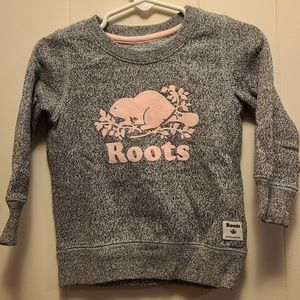 Roots grey sweater with pink lettering, size L/12-18 months
